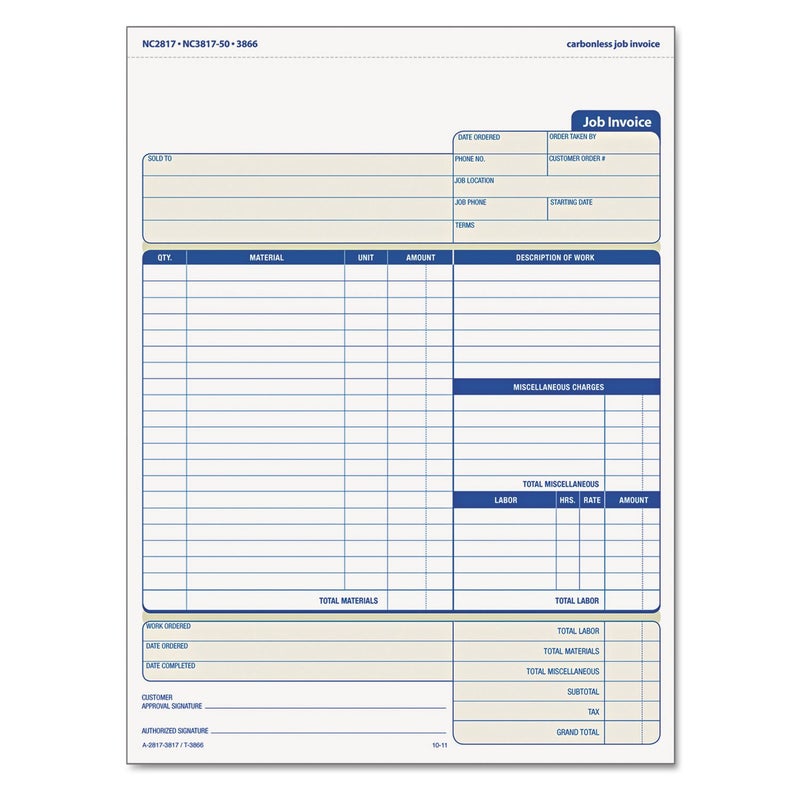 TOPS Job Invoice with Materials List, 3-Part, Carbonless, 8.5 x 11 Inches, 50 Sets per Pack (3866) - Image 1