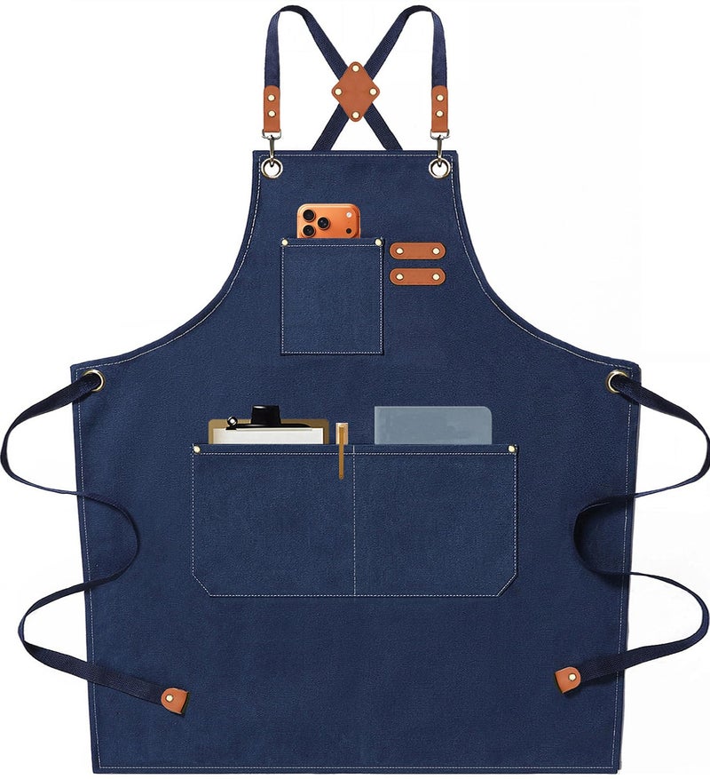 AFUN Chef Aprons for Men Women with Oversized Pockets, 16-Ounce Cotton Canvas Cross Back Heavy Duty Work Apron (Dark Blue) - Image 1