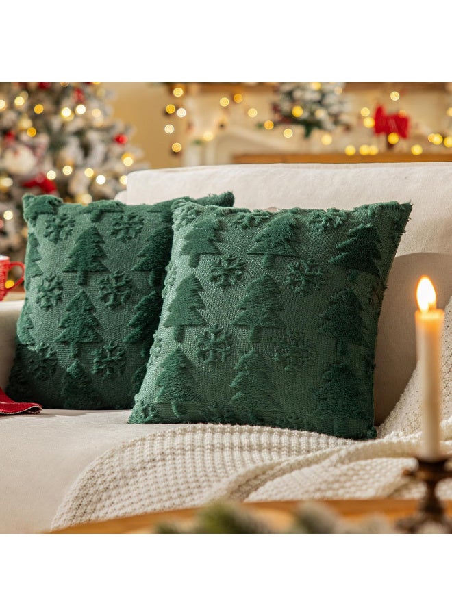 HI-FINE Green Christmas Tree Throw Pillow Covers 18"x18" Set of 2, Winter Snowflake Decorative Pillow Covers Soft Plush Embroidery Cushion Covers Holiday Accent Pillows for Couch Farmhouse Home Decor - Image 1