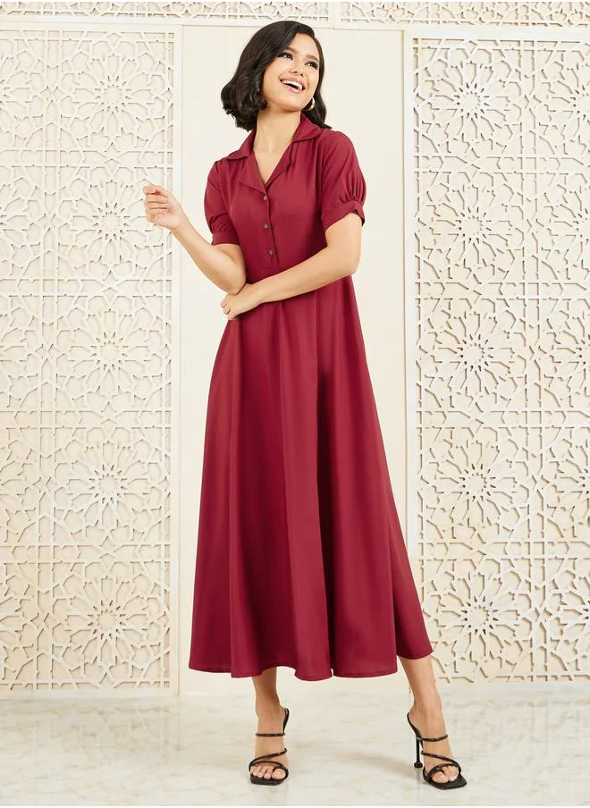 ستايلي Solid Cuban Collar A-Line Shirt Maxi Dress