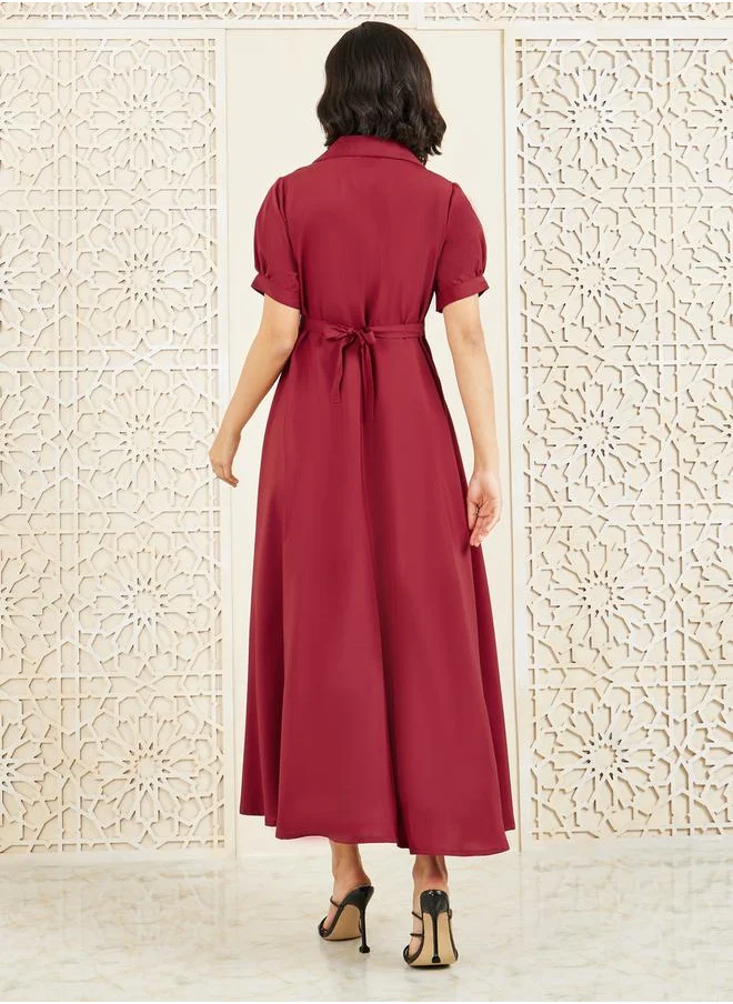 ستايلي Solid Cuban Collar A-Line Shirt Maxi Dress