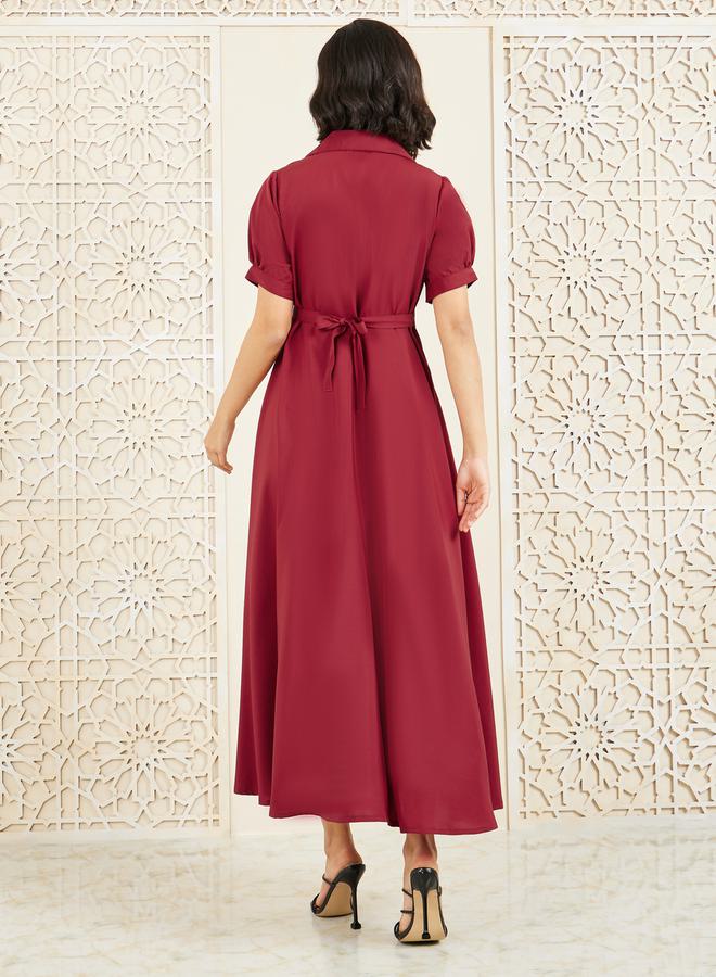 Styli Solid Cuban Collar A-Line Shirt Maxi Dress - Image 4