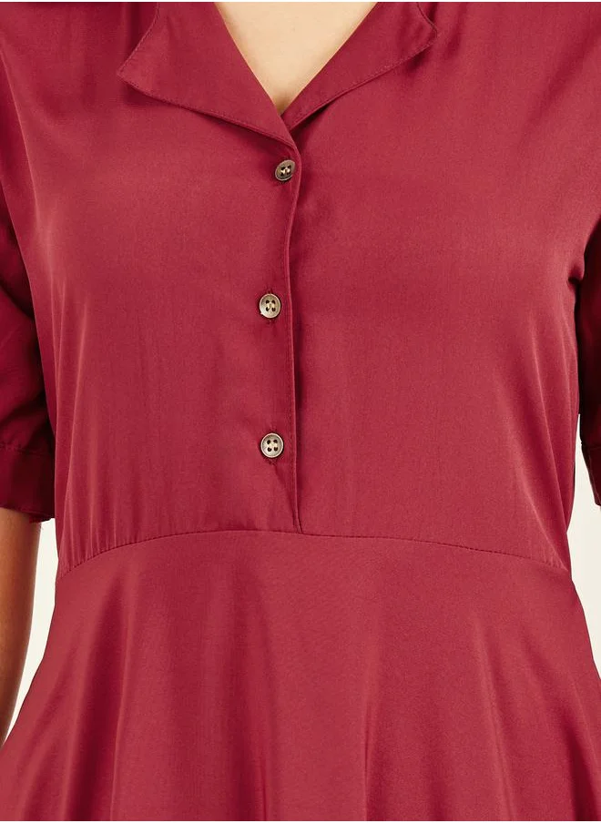 ستايلي Solid Cuban Collar A-Line Shirt Maxi Dress