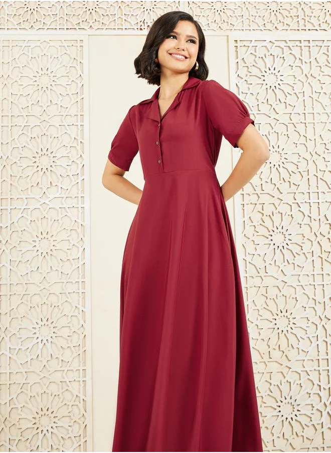 ستايلي Solid Cuban Collar A-Line Shirt Maxi Dress