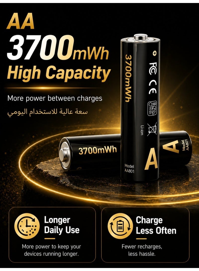  قورق الصحراء بطاريات AA ليثيوم قابلة للشحن 8 قطع مع علبة شحن LED ذكية، 1.5 فولت 3700mWh، شحن Type-C، 1300+ دورة، تصنيف IP68 للريموت والألعاب والماوس ولوحة المفاتيح - Image 4