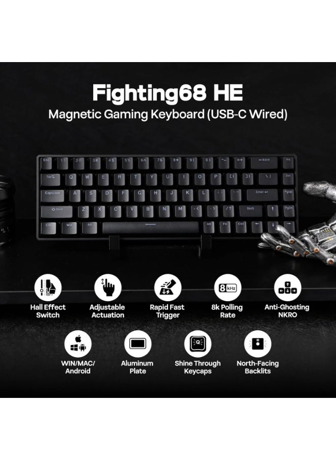 VTER - Fighting68 HE Magnetic Gaming Keyboard with Adjustable Actuation, 0.08mm RT Precision, Linear Aurora Magnetic Switch 8K Polling Rate, 68-Key Compact USB-C Wired Keyboard, Hot-Swappable, RGB Backlit (Black Contours) - Image 1