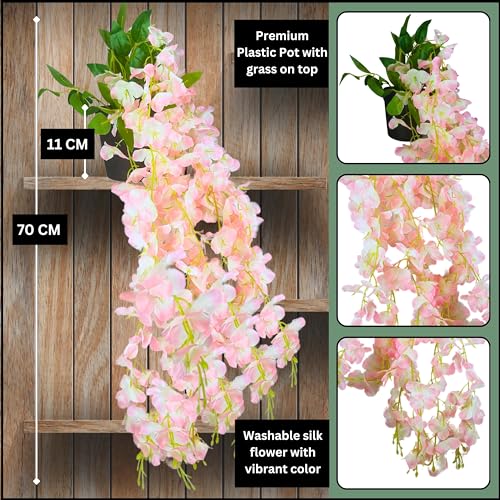 Tdas Artificial Flowers Plants with Pot Leaves Hanging Ivy Garlands Plant Greenery Vine Creeper Home Decor Door Wall Balcony Decoration Party Temple Festival Craft -1 Pcs (Light Pink) - Image 2
