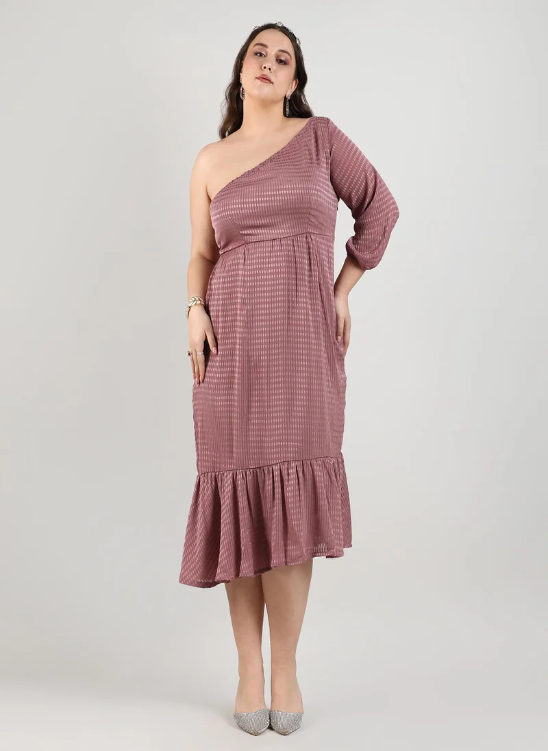 Instafab Plus Women's Rouge Pink Self-Design Dress For Casual Wear | Quarter Sleeve | Polyester Fabric | One-Shoulder Dress Crafted With Comfort Fit For Everyday Wear