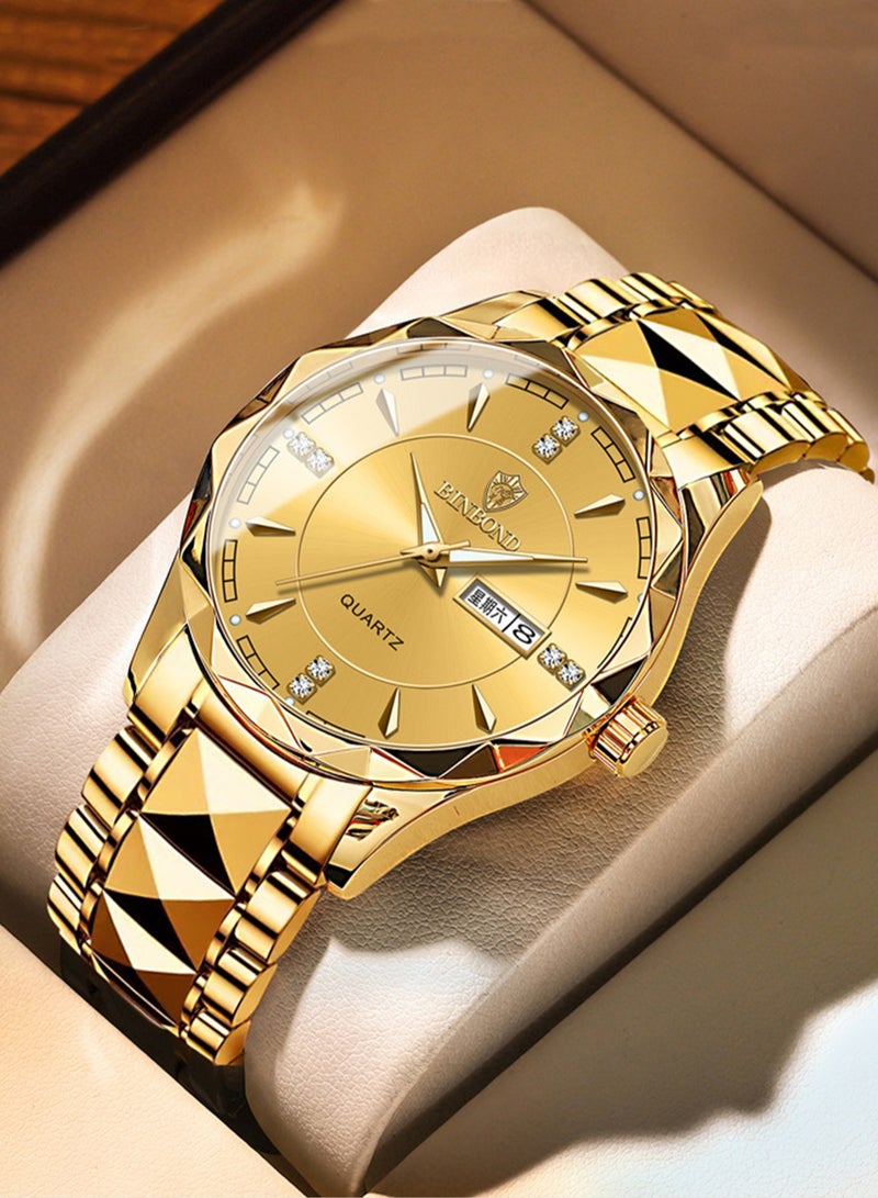 بينبوند ساعات رجالية كوارتز من الفولاذ المقاوم للصدأ ماركة أزياء عالمية رياضية عسكرية سوار فولاذي مقاوم للماء مضيئة ساعات يد رجالية ذهبية للأعمال - Image 1