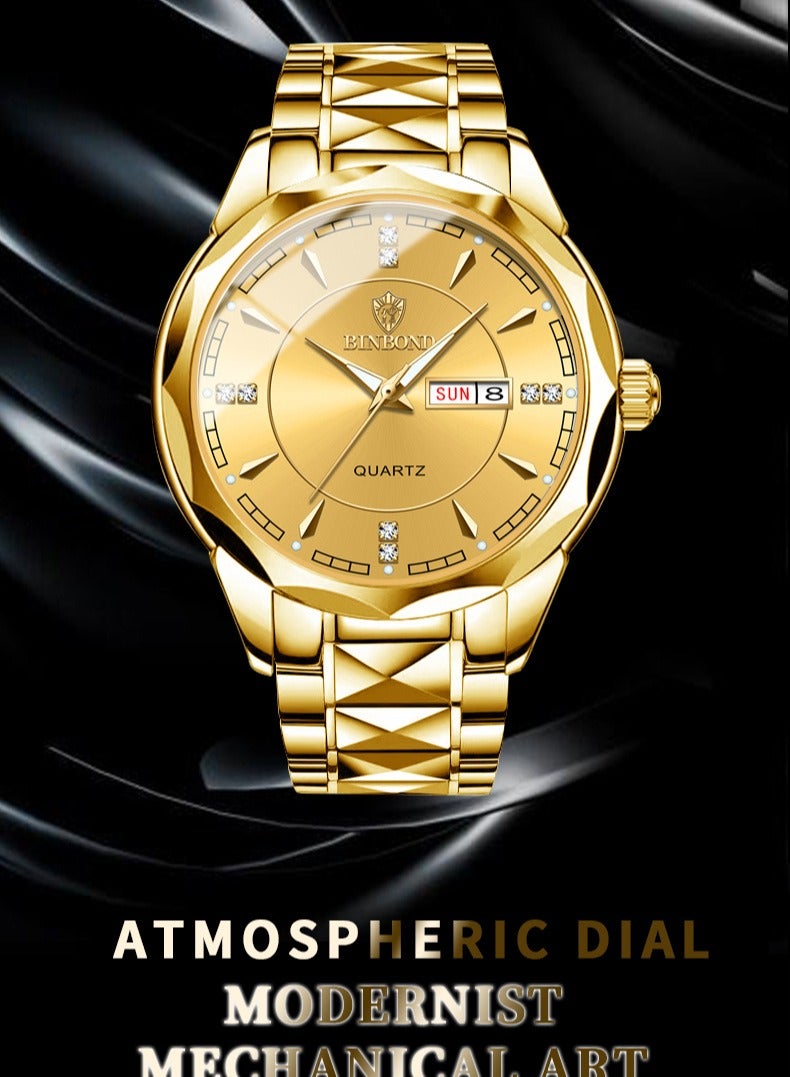 بينبوند ساعات رجالية كوارتز من الفولاذ المقاوم للصدأ ماركة أزياء عالمية رياضية عسكرية سوار فولاذي مقاوم للماء مضيئة ساعات يد رجالية ذهبية للأعمال - Image 3