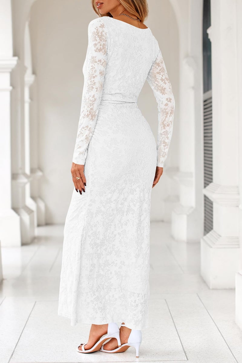 MITILLY Fall Long Sleeve Dress for Women 2026 Elegant Floral Bodycon Ruched Maxi Formal Wedding Guest Dresses Large White - Image 3