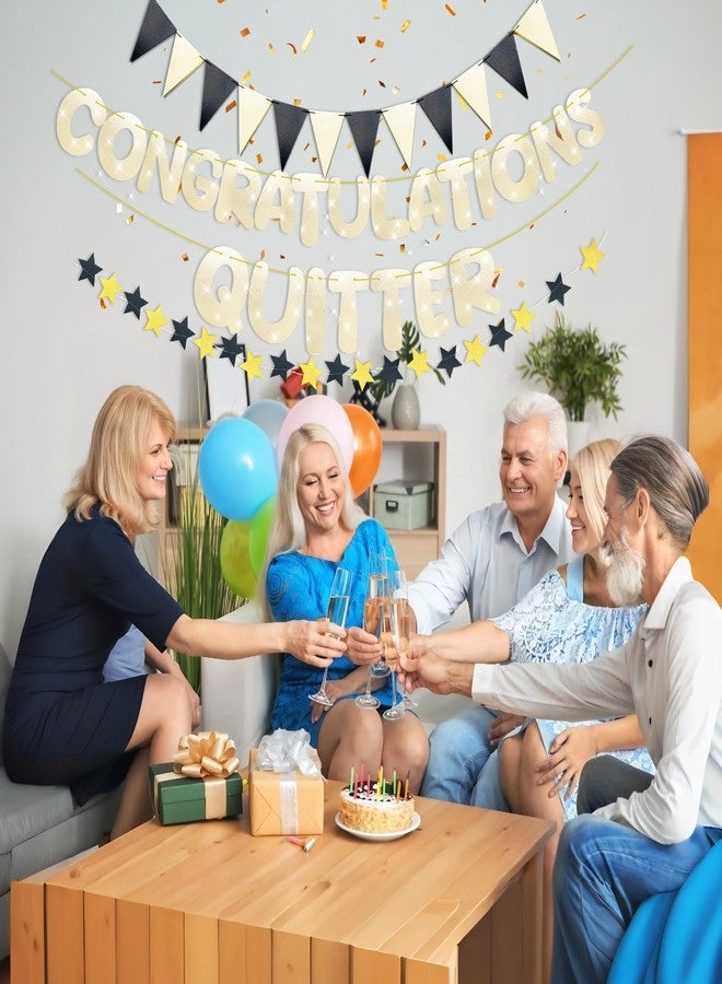 Jusen Congratulations Quitter Glitter Banner Retirement Party Decorations Supplies Kit Gold Glitter Paper Pennant Banner for Men Women Office Farewell Party (Champagne Gold) - Image 4