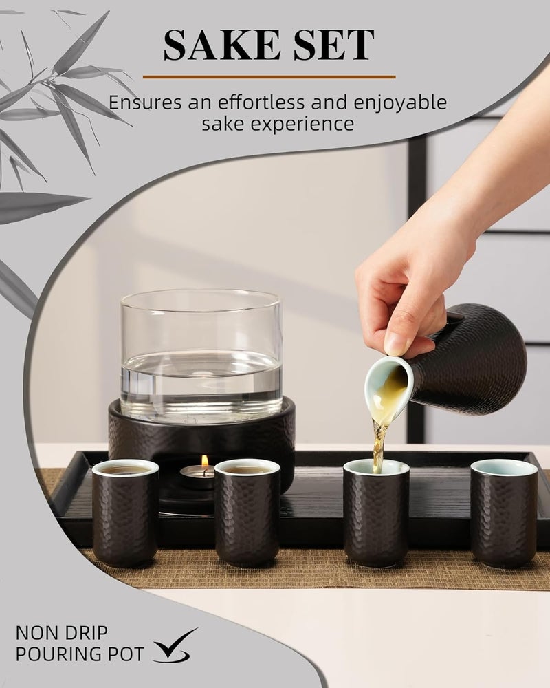 Zens Sake Set with Warmer, 12 Ounce Embossed Ceramic Sake Bottle 6 Sake Cups and Glass Pot for Hot or Cold Japanese Sake, Black Sake Carafe Gift Sets with Cotton Towel - Image 5