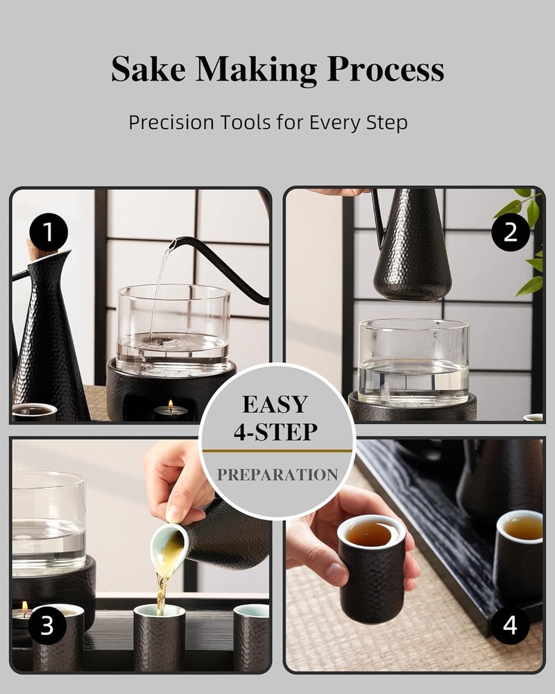 Zens Sake Set with Warmer, 12 Ounce Embossed Ceramic Sake Bottle 6 Sake Cups and Glass Pot for Hot or Cold Japanese Sake, Black Sake Carafe Gift Sets with Cotton Towel - Image 4