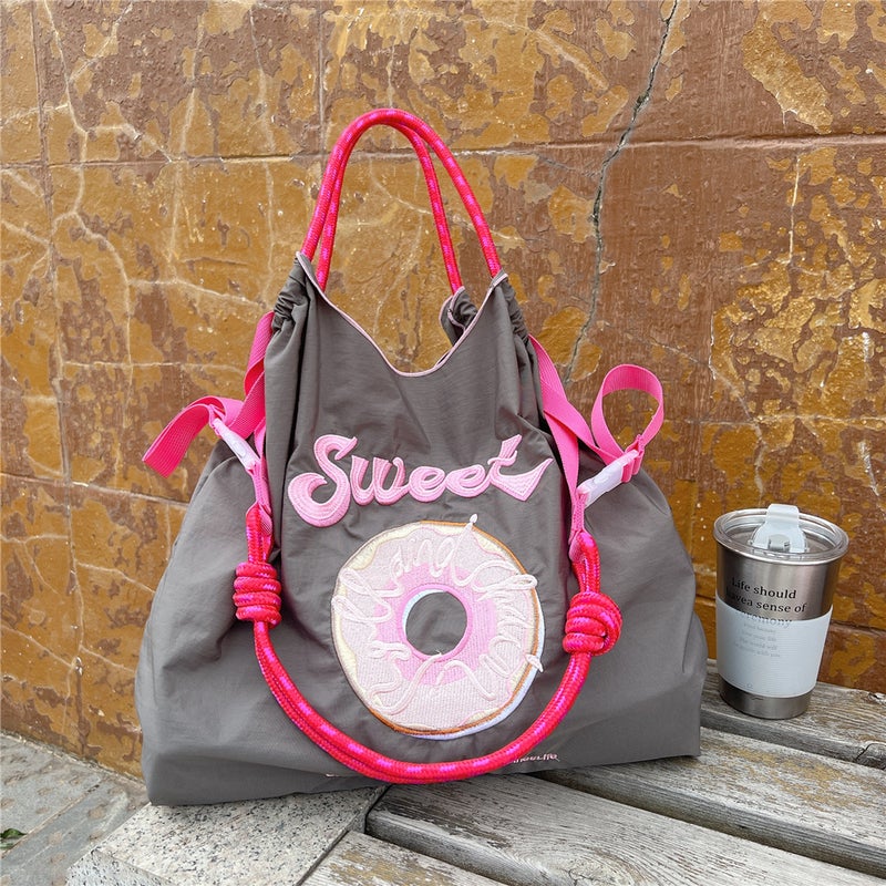 Japanese Ball Chain Donut Embroidered Nylon Shopping Bag Simple Commuter Versatile Large Capacity Shoulder Bag Fashion - Image 1