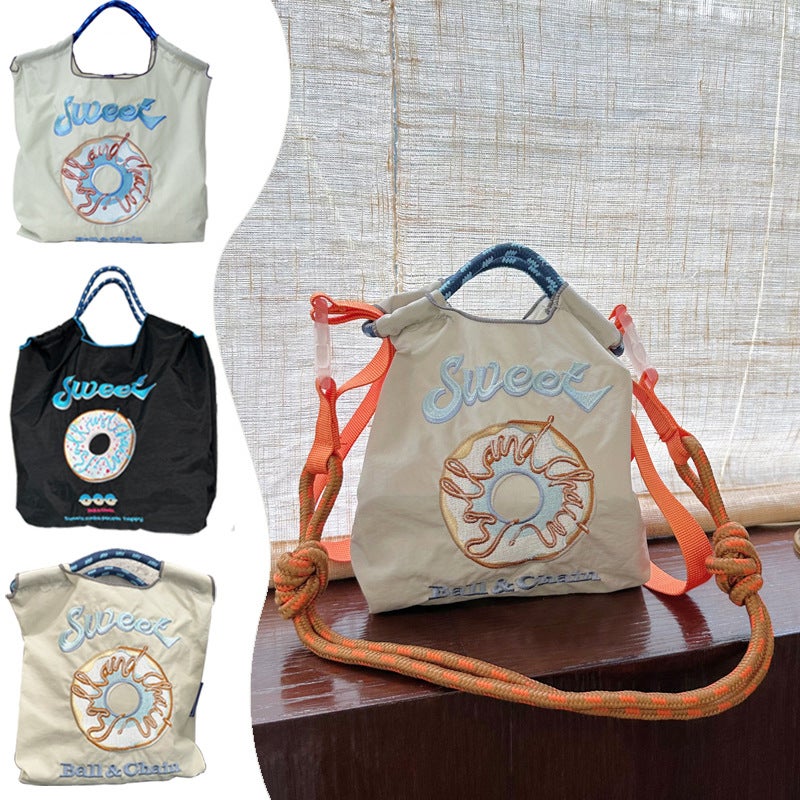 Japanese Ball Chain Donut Embroidered Nylon Shopping Bag Simple Commuter Versatile Large Capacity Shoulder Bag Fashion - Image 2