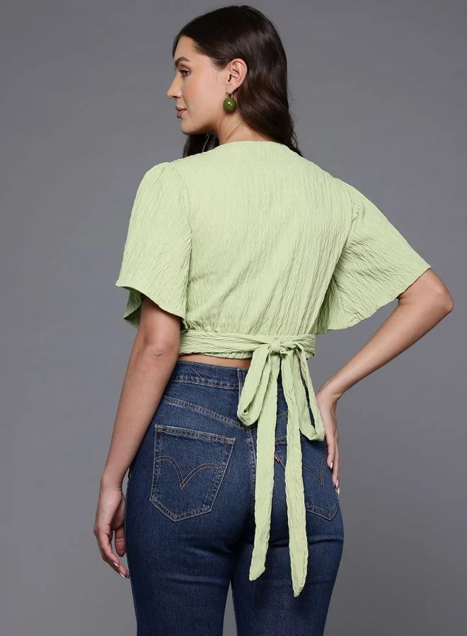 Freehand  Women Regular Fit Textured V-Neck Short Sleeve Wrap Top  | Best Price UAE