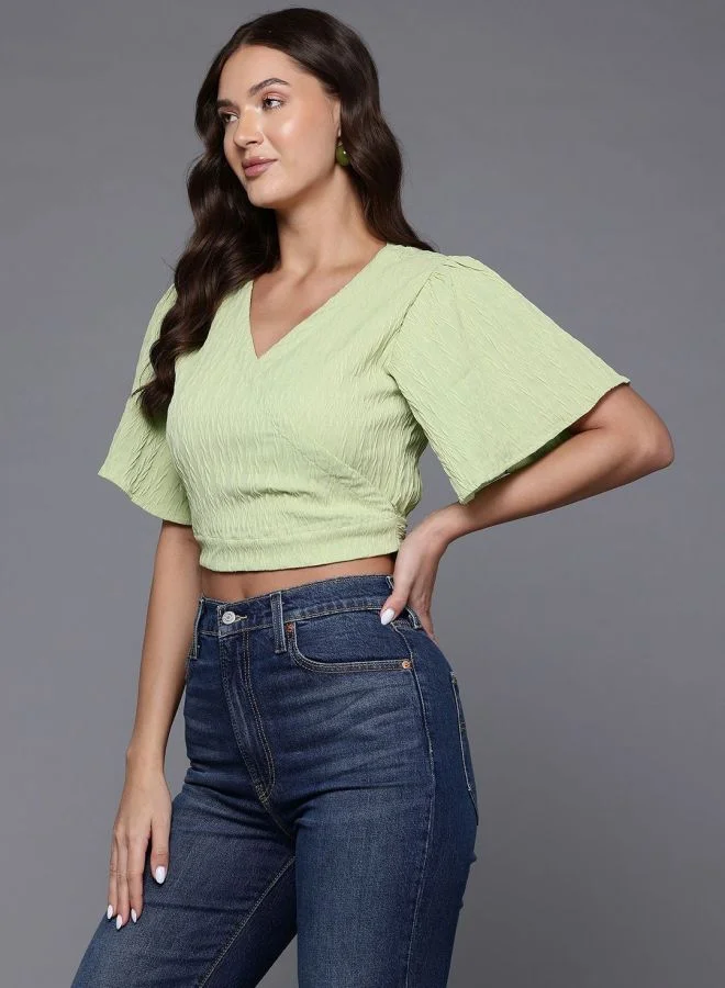 Freehand  Women Regular Fit Textured V-Neck Short Sleeve Wrap Top  | Best Price UAE