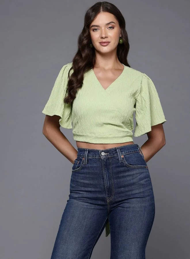 Women Regular Fit Textured V-Neck Short Sleeve Wrap Top