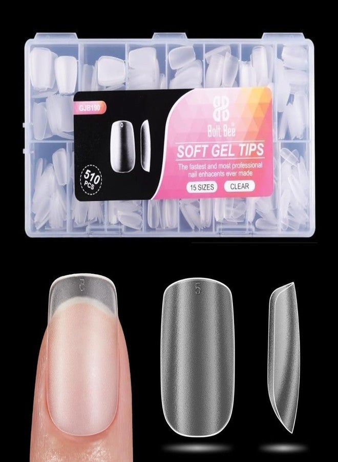 Bolt Bee Soft Gel Nail Tips, 510 Pieces, Full Matte Transparent, Pre-Buffed Extensions, 15 Sizes, Medium Almond (Short Squoval) - Image 1