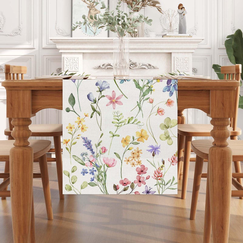 Jiudungs Watercolor Flowers Spring Table Runner Spring Summer Easter Flower Floral Home Kitchen Dining Room Table Decorations 13x72 Inch - Image 1