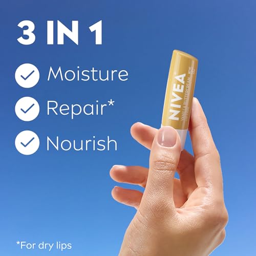 NIVEA Vanilla Buttercream Lip Care, Moisturizing Lip Balm with Shea Butter, Nourishing Oils and Vitamin C & E, 3-in-1 Moisture, Repair and Nourish, 0.17 Oz Stick, Pack of 4 - Image 2