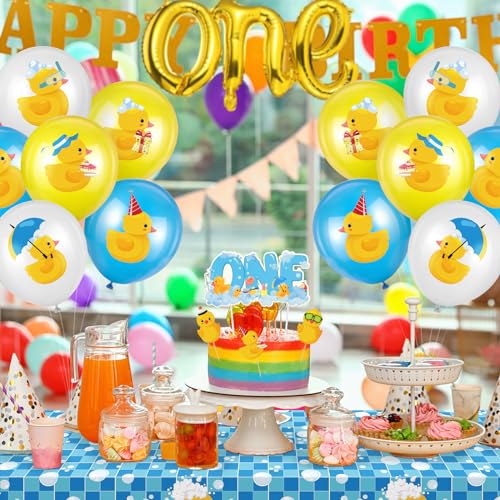 Glimin 44 Pcs Duck 1st Birthday Decorations Yellow Duck Rubber Latex Foil Balloon One Birthday Cake Topper Tablecloths Party Decor(Fresh) - Image 5