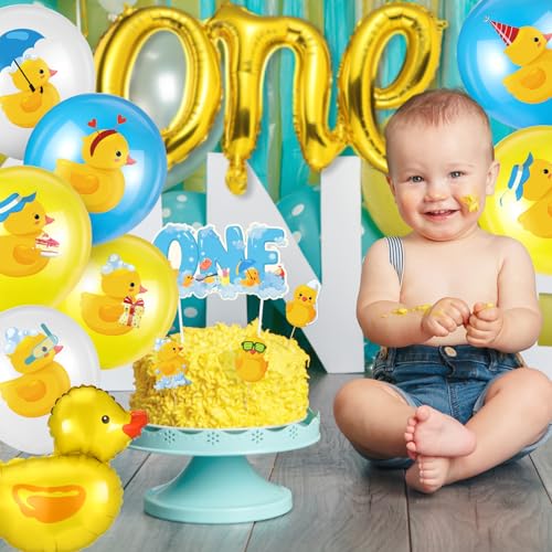 Glimin 44 Pcs Duck 1st Birthday Decorations Yellow Duck Rubber Latex Foil Balloon One Birthday Cake Topper Tablecloths Party Decor(Fresh) - Image 3