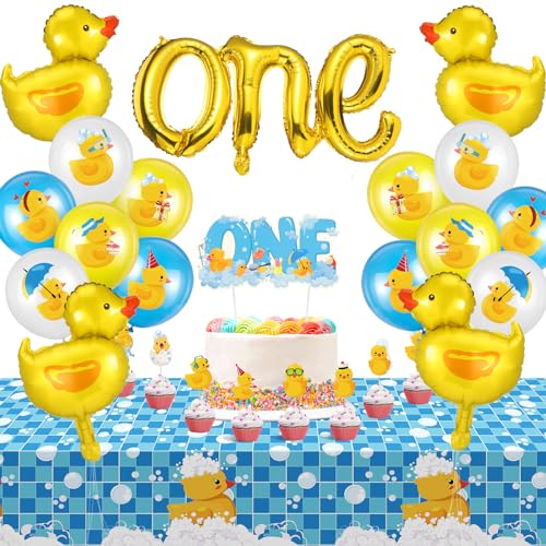 Glimin 44 Pcs Duck 1st Birthday Decorations Yellow Duck Rubber Latex Foil Balloon One Birthday Cake Topper Tablecloths Party Decor(Fresh) - Image 1