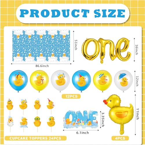 Glimin 44 Pcs Duck 1st Birthday Decorations Yellow Duck Rubber Latex Foil Balloon One Birthday Cake Topper Tablecloths Party Decor(Fresh) - Image 2