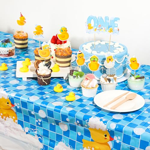 Glimin 44 Pcs Duck 1st Birthday Decorations Yellow Duck Rubber Latex Foil Balloon One Birthday Cake Topper Tablecloths Party Decor(Fresh) - Image 4