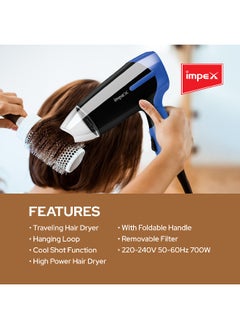 Impex Hair Dryer Foldable Handle And Travel-Friendly Hair Dryer, Speed Setting With Cool Shot Function,800-1000W, Lightweight Ergonomic Design-2 Year Warranty,HD 1K2  - Image 4
