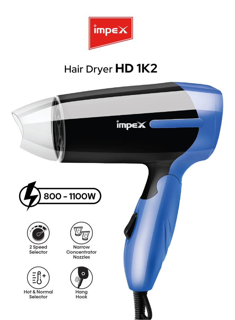 إمبكس مجفف شعر Impex 800-1000 واط، بمقبض قابل للطي، تصميم خفيف ومريح، مثالي للسفر، إعداد سرعة مع وظيفة الهواء البارد، ضمان سنتين – HD 1K2  - Image 1