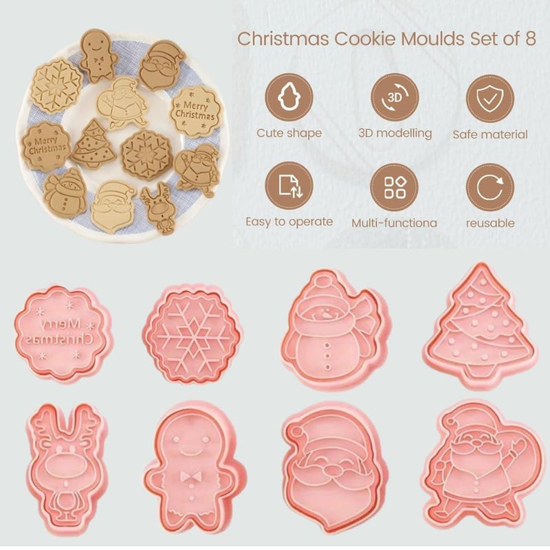 LEGACYCART 8 PCS Christmas Cookie Cutter Set with Plunger Stamps Includes Gingerbread Man Snowman Santa Claus Reindeer Tree Snowflake Santa Claus Face and Merry Christmas Designs Pack of 1 - Image 3