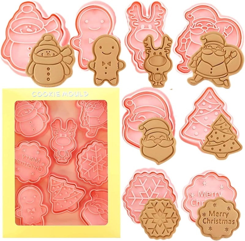 LEGACYCART 8 PCS Christmas Cookie Cutter Set with Plunger Stamps Includes Gingerbread Man Snowman Santa Claus Reindeer Tree Snowflake Santa Claus Face and Merry Christmas Designs Pack of 1 - Image 1