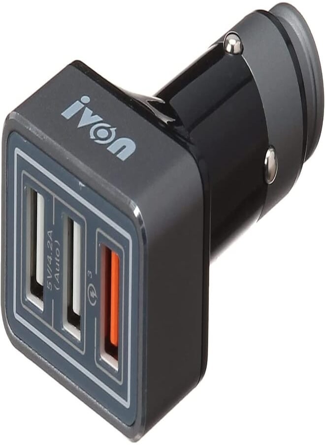 IVON Ivon kx2150 Car Charger with 3 USB Ports for Samsung Phone, 4.2A - Gray and Black 