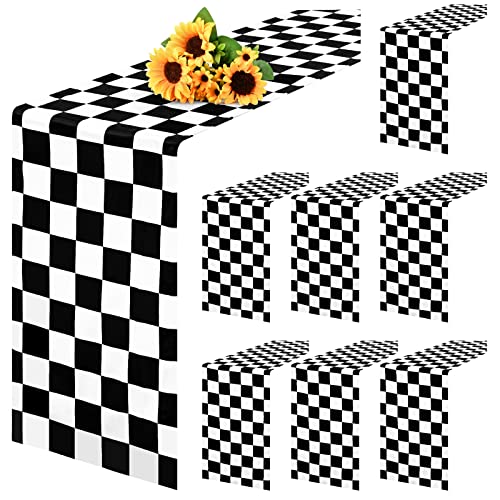 8 Packs Checkered Table Runner Polyester Classic Black and White Checkerboard Racing Road Theme Tablecloth for Indoor Outdoor Events Wedding Birthday Parties Banquets and Celebrations 12 x 72 Inch