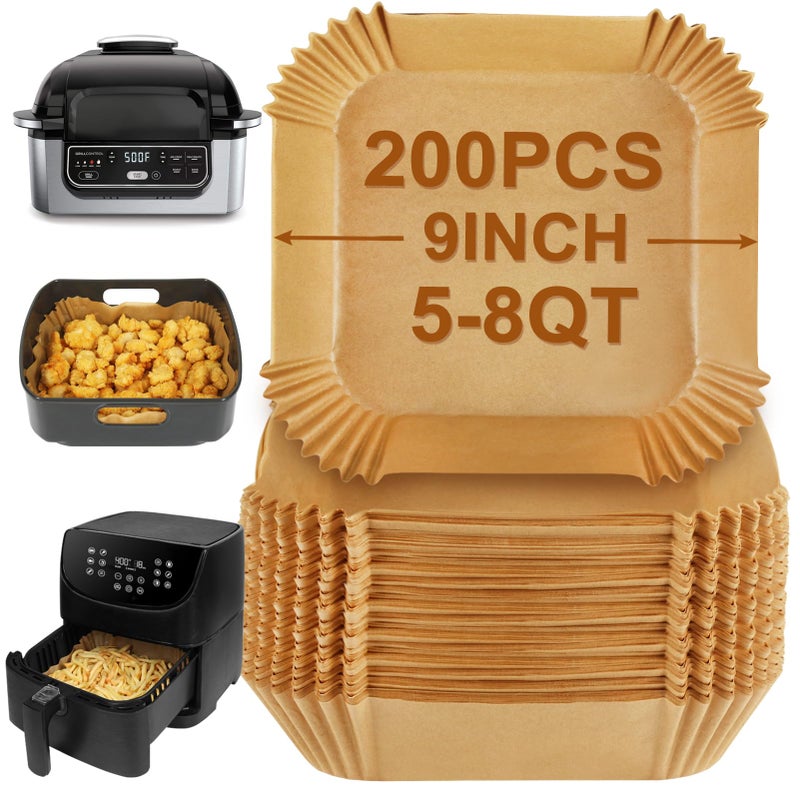 أوراق قلاية الهواء من BYKITCHEN لجرّار Ninja AG301 وCosori وGourmia مجموعة من 200 ورقة 9 بوصة لمرشحات ورق البرشمان لقلايات سعة 5 إلى 8 كوارت ملحقات شواية Ninja Foodi