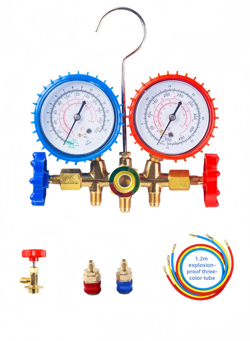 Air conditioning pressure gauge set, air conditioning refrigerant charging tool, brass double valve pressure gauge, air conditioning test connector with 1.2m three-color explosion-proof tube - Image 1