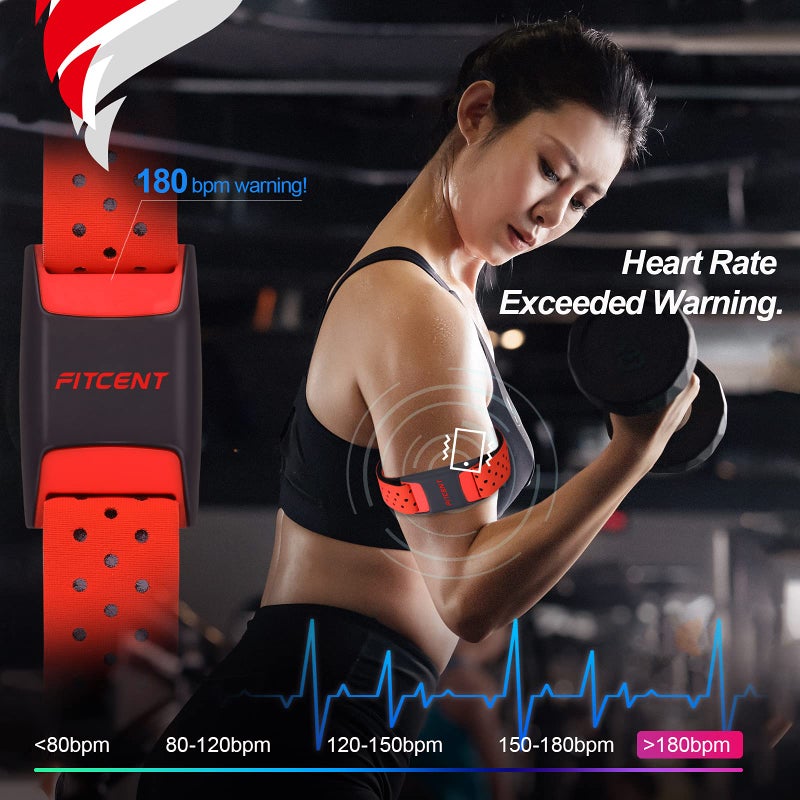 FITCENT جهاز مراقبة معدل ضربات القلب على الذراع، مستشعر معدل ضربات القلب البصري بلوتوث ANT+، متتبع لياقة بدنية قابل لإعادة الشحن لبيلوتون سترافا زويفت بولار بيت DDP يوغا واهو للياقة البدنية (أحمر) - Image 3