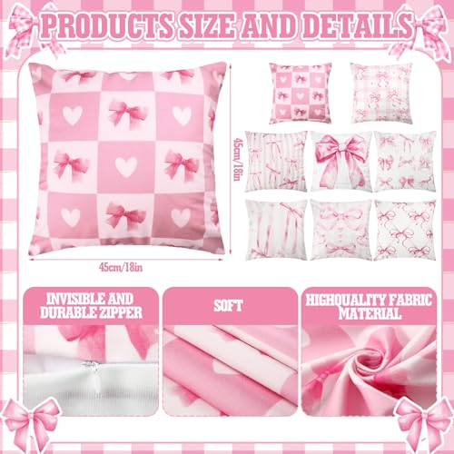 SmoothNovelty 8 Pcs 18x18 Inch Pink Bow Pillow Covers Coquette Pillows Pink Coquette Room Decor Bow Pillowcase Set Watercolor Aesthetic Preppy Room Decoration Bedroom Sofa Decor - Image 3