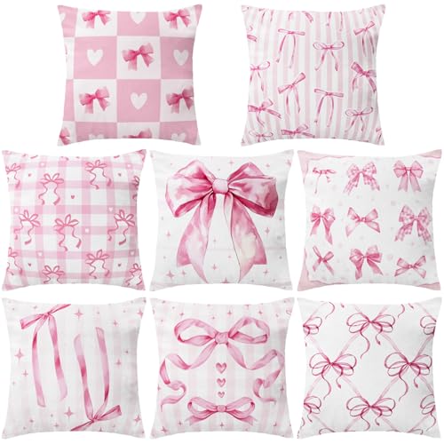 SmoothNovelty 8 Pcs 18x18 Inch Pink Bow Pillow Covers Coquette Pillows Pink Coquette Room Decor Bow Pillowcase Set Watercolor Aesthetic Preppy Room Decoration Bedroom Sofa Decor - Image 1
