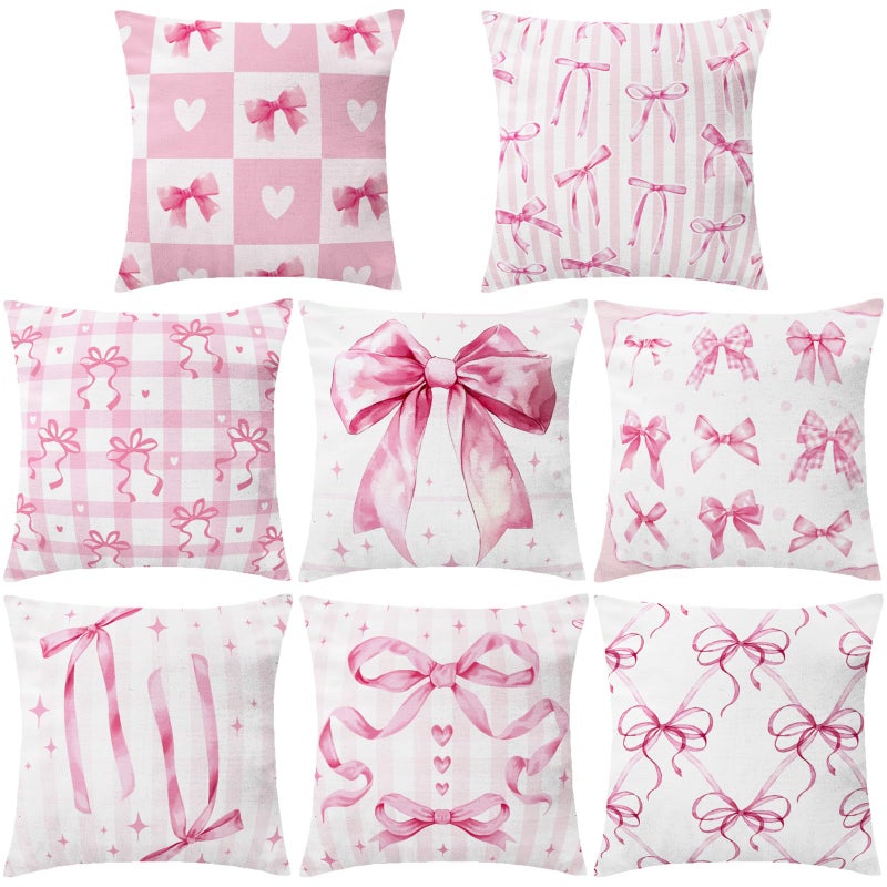 SmoothNovelty 8 Pcs 18x18 Inch Pink Bow Pillow Covers Coquette Pillows Pink Coquette Room Decor Bow Pillowcase Set Watercolor Aesthetic Preppy Room Decoration Bedroom Sofa Decor - Image 2