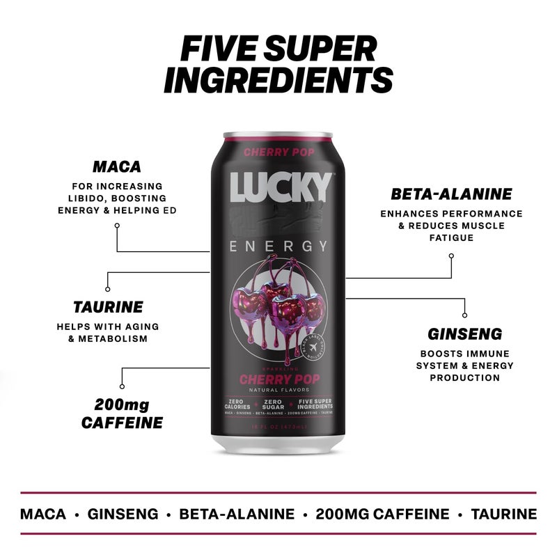 Lucky Energy Sugar Free Energy Drinks, Cherry Pop, 16oz Cans (12-Pack) Healthy, Zero Sugar Energy Drink with Maca, Ginseng, Beta-Alanine, Taurine & 200mg Caffeine - Image 3