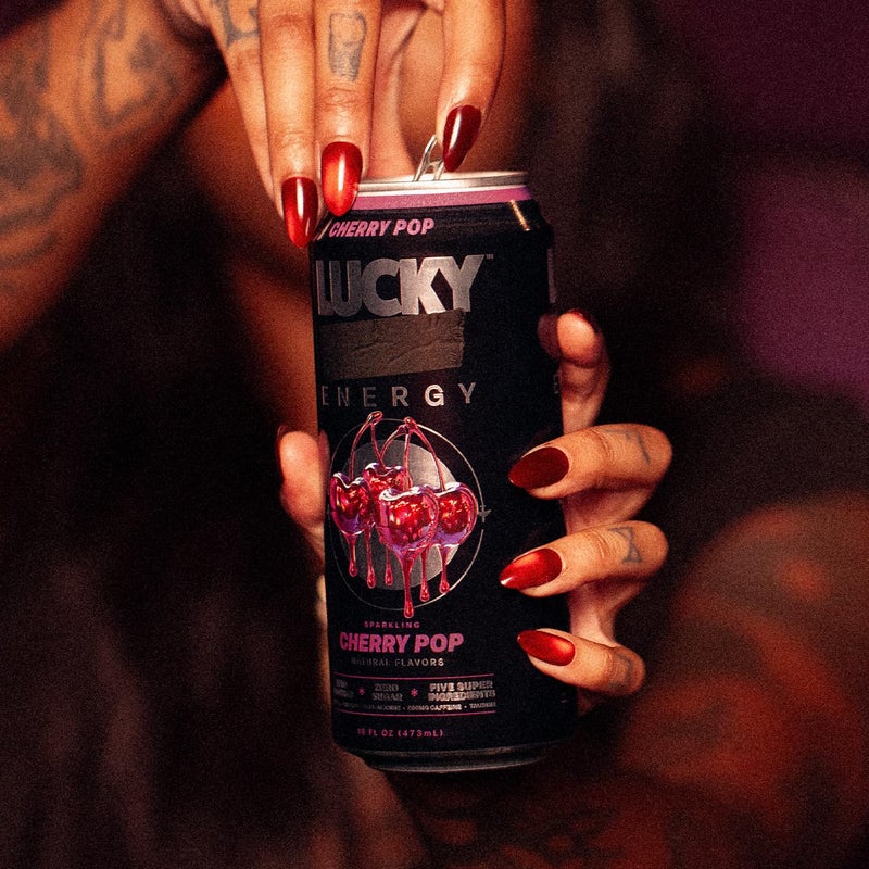 Lucky Energy Sugar Free Energy Drinks, Cherry Pop, 16oz Cans (12-Pack) Healthy, Zero Sugar Energy Drink with Maca, Ginseng, Beta-Alanine, Taurine & 200mg Caffeine - Image 5