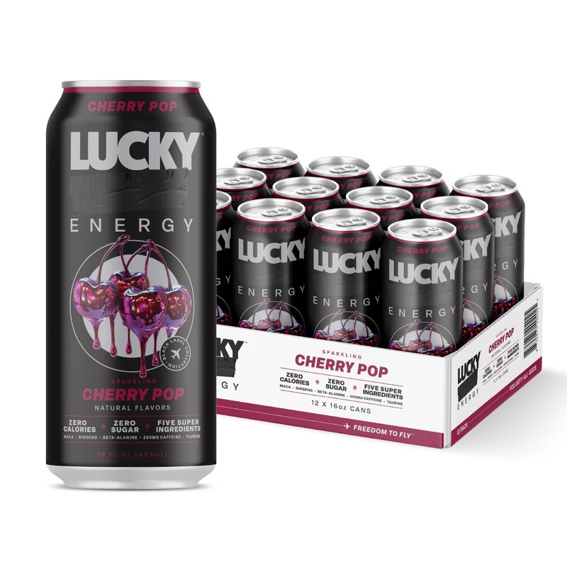 Lucky Energy Sugar Free Energy Drinks, Cherry Pop, 16oz Cans (12-Pack) Healthy, Zero Sugar Energy Drink with Maca, Ginseng, Beta-Alanine, Taurine & 200mg Caffeine - Image 1