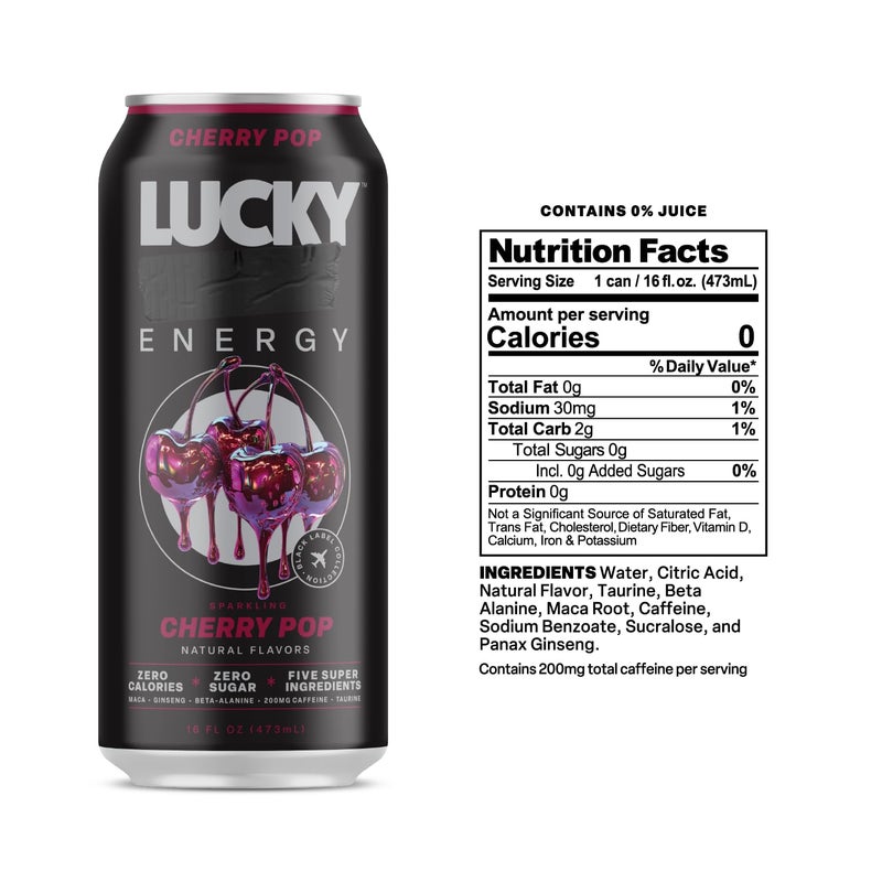 Lucky Energy Sugar Free Energy Drinks, Cherry Pop, 16oz Cans (12-Pack) Healthy, Zero Sugar Energy Drink with Maca, Ginseng, Beta-Alanine, Taurine & 200mg Caffeine - Image 2