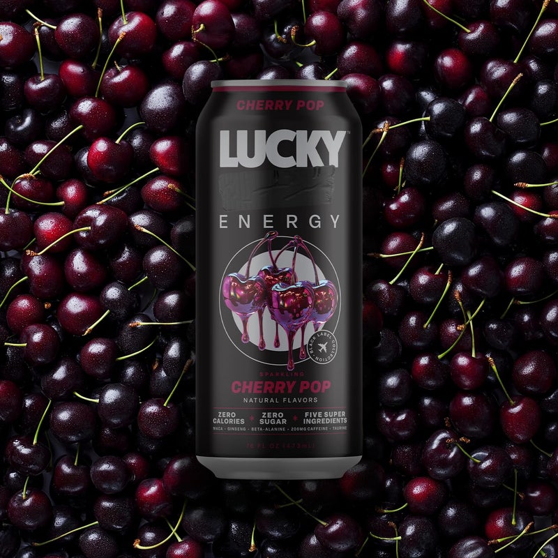 Lucky Energy Sugar Free Energy Drinks, Cherry Pop, 16oz Cans (12-Pack) Healthy, Zero Sugar Energy Drink with Maca, Ginseng, Beta-Alanine, Taurine & 200mg Caffeine - Image 4