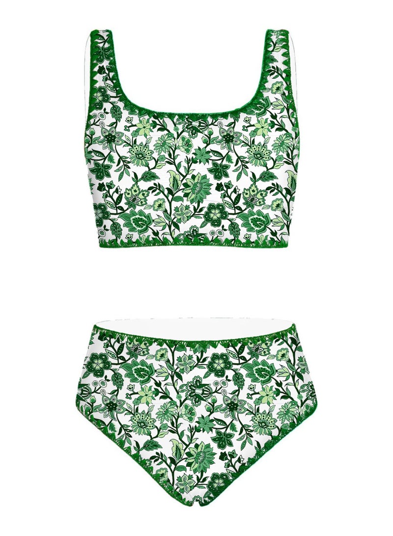 blibean Tween Girl Swimsuits Little Kids Girls Summer Swim Bathing Suits Teen Fashion Two Piece Bikini Boho Hawaii Swimwear Beach Sets Traje BaÃ±o NiÃ±as Size 12-13 Year Old Green Floral - Image 1