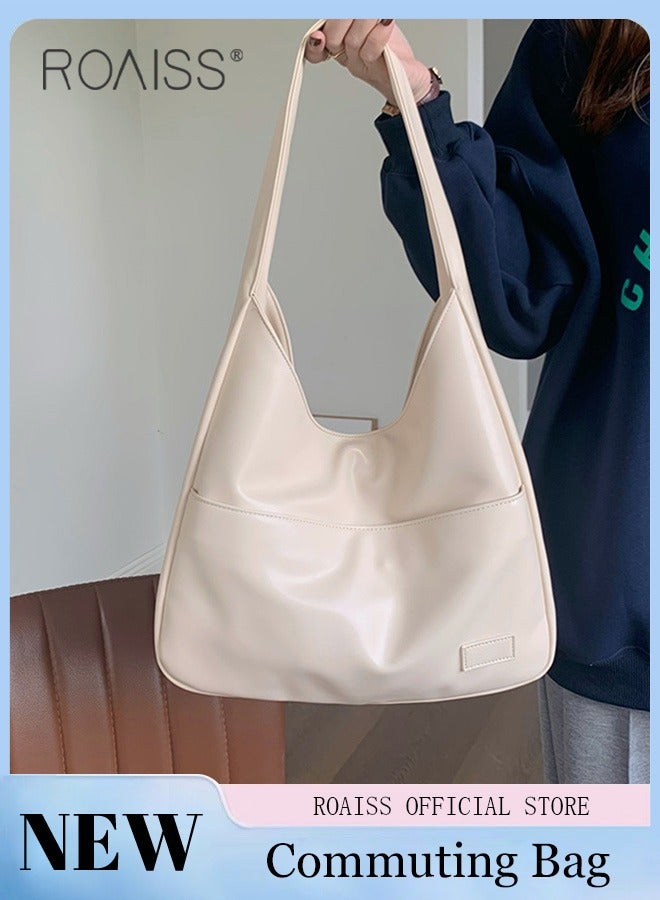 roaiss Women's Large Capacity Commuter Bag Tote Bag Simple Solid Color PU Material, Suitable for Work School, Retro Casual  - Image 1